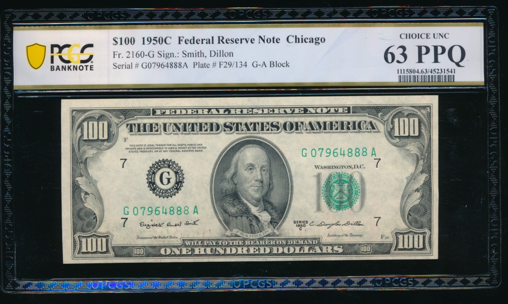 Fr. 2160-G 1950C $100  Federal Reserve Note Chicago PCGS 63PPQ G07964888A