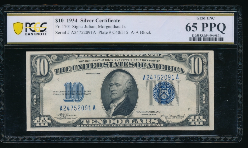 Fr. 1701 1934 $10  Silver Certificate AA block PCGS 65PPQ A24752091A