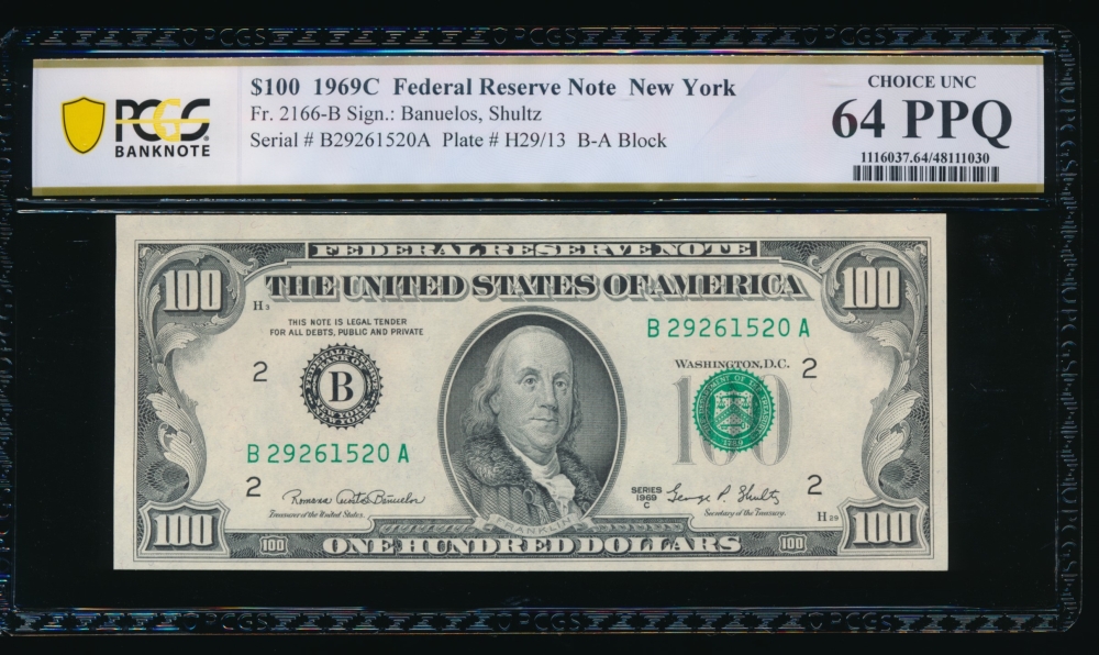 Fr. 2166-B 1969C $100  Federal Reserve Note New York PCGS 64PPQ B27261520A