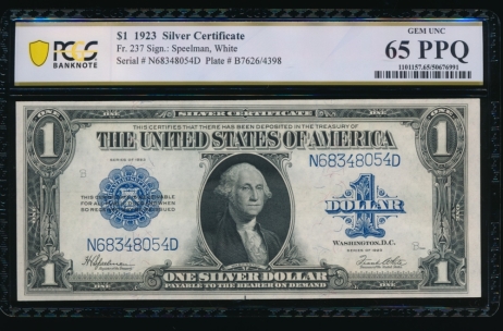 Fr. 237 1923 $1  Silver Certificate ND block PCGS 65PPQ N68348054D