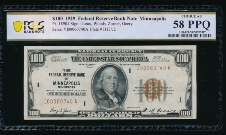 Fr. 1890-I 1929 $100  FRBN Minneapolis PCGS 58PPQ I00060740A