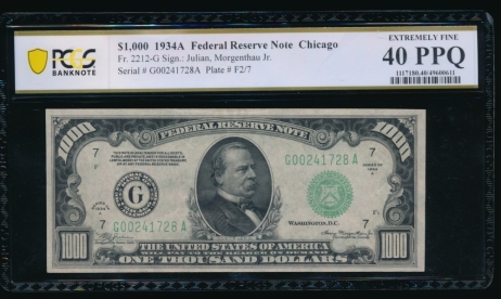 Fr. 2212-G 1934A $1,000  Federal Reserve Note Chicago PCGS 40PPQ G00241728A