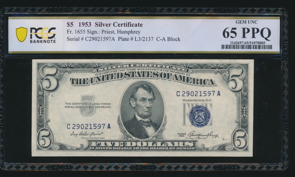 Fr. 1655 1953 $5  Silver Certificate CA block PCGS 65PPQ C29021597A
