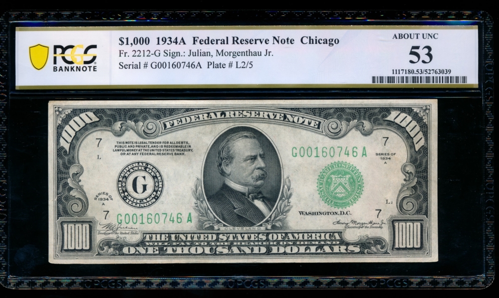 Fr. 2212-G 1934A $1,000  Federal Reserve Note Chicago PCGS 53 comment G00160746A
