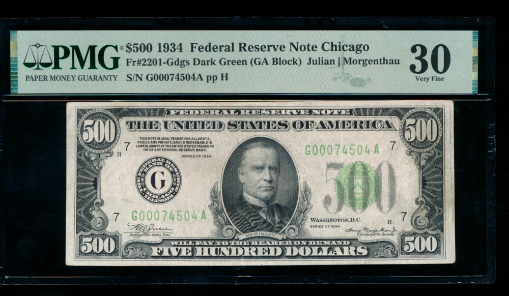 Fr. 2201-G 1934 $500  Federal Reserve Note Chicago PMG 30 comment G00074504A