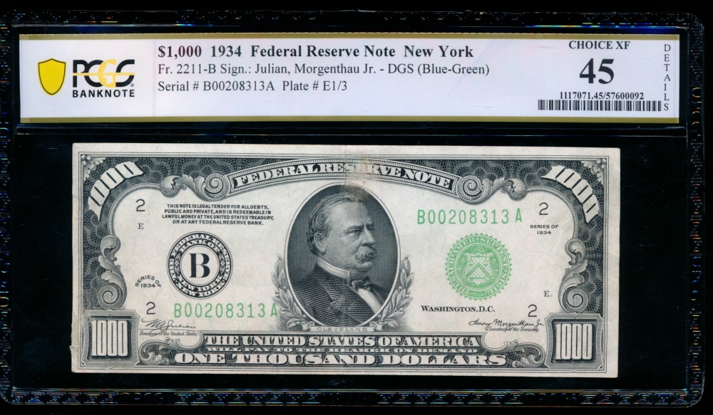 Fr. 2211-B 1934 $1,000  Federal Reserve Note New York PCGS 45 details B00208313A