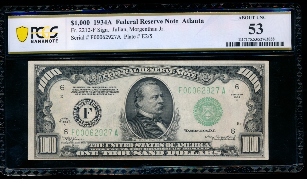 Fr. 2212-F 1934A $1,000  Federal Reserve Note Atlanta PCGS 53 comment F00062927A