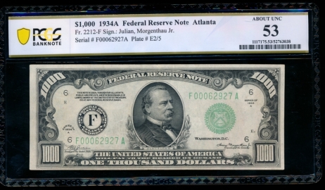 Fr. 2212-F 1934A $1,000  Federal Reserve Note Atlanta PCGS 53 comment F00062927A