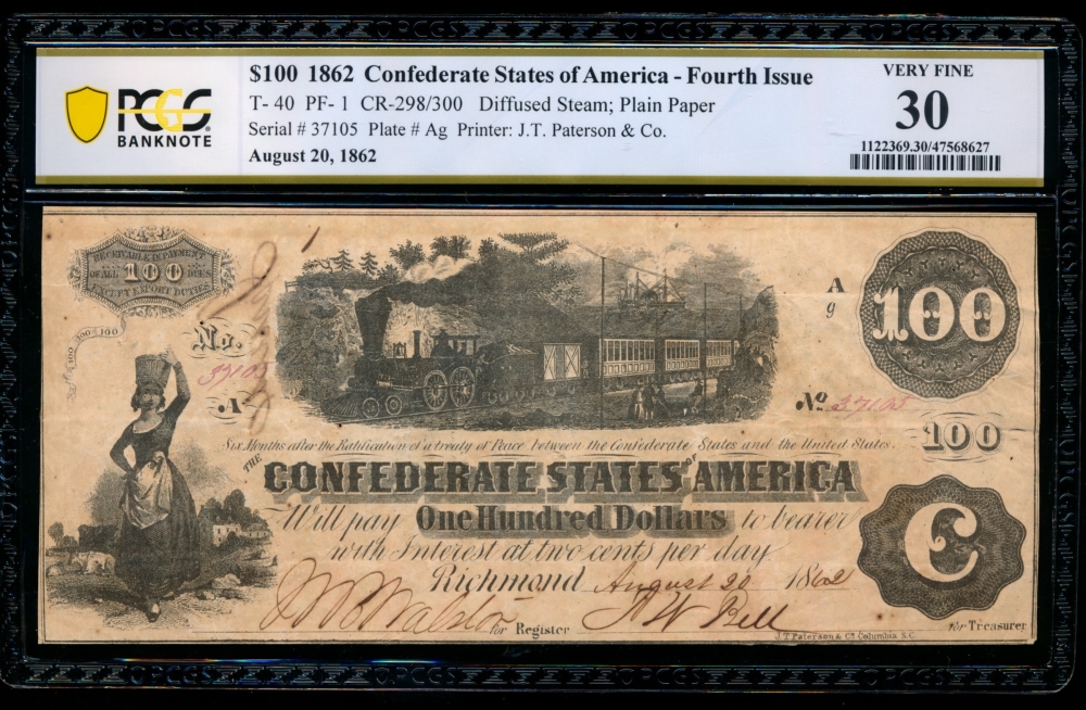 Fr. T-40 1862 $100  Confederate  PCGS 30 37105