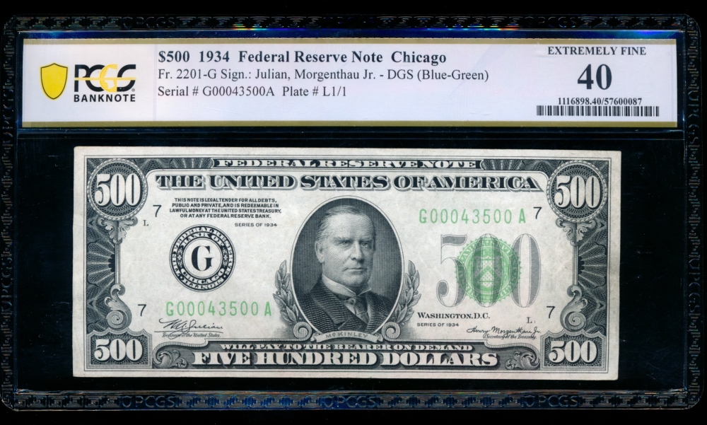 Fr. 2201-G 1934 $500  Federal Reserve Note Chicago PCGS 40 G00043500A
