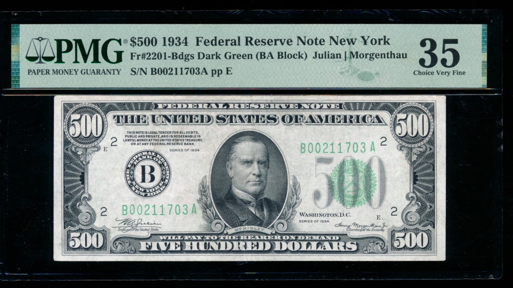 Fr. 2201-B 1934 $500  Federal Reserve Note New York PMG 35 B00211703A