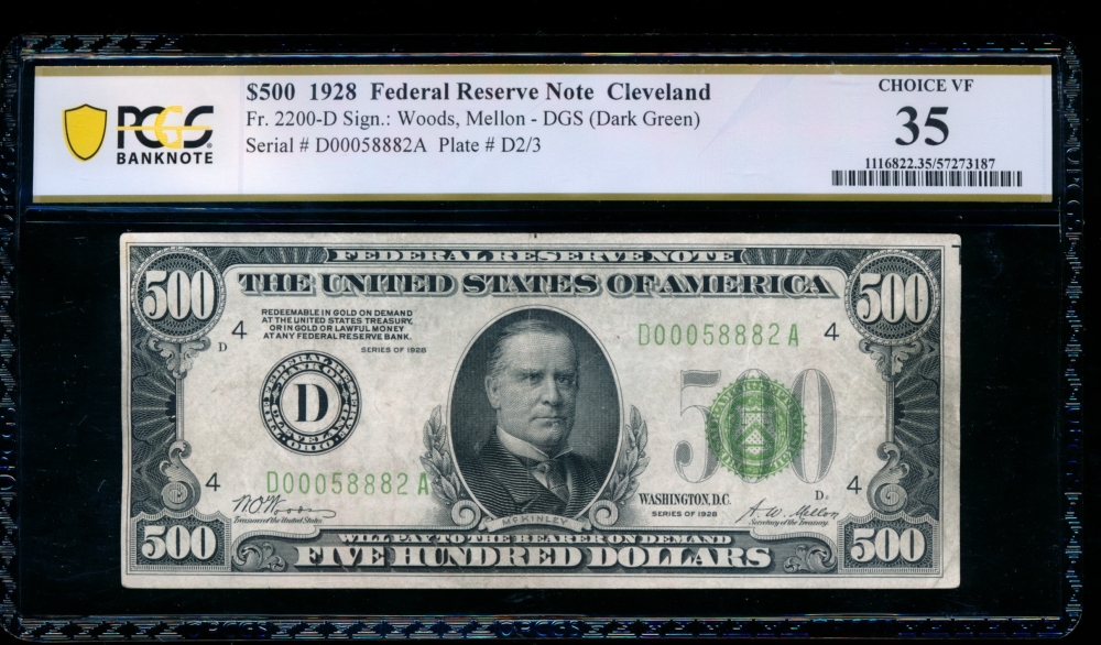 Fr. 2200-D 1928 $500  Federal Reserve Note Cleveland PCGS 35 D00058882A