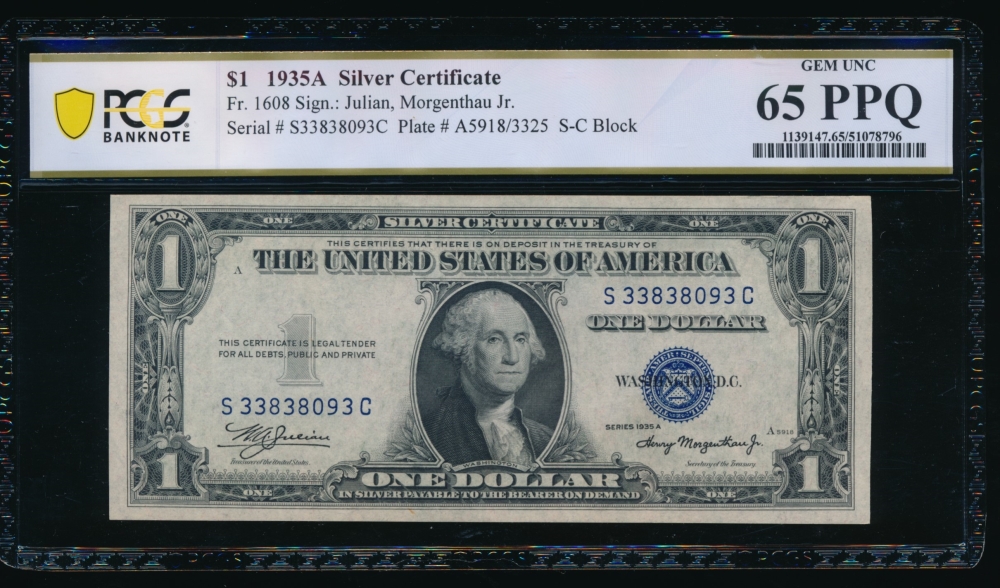 Fr. 1608 1935A $1  Silver Certificate SC block PCGS 65PPQ S33838093C