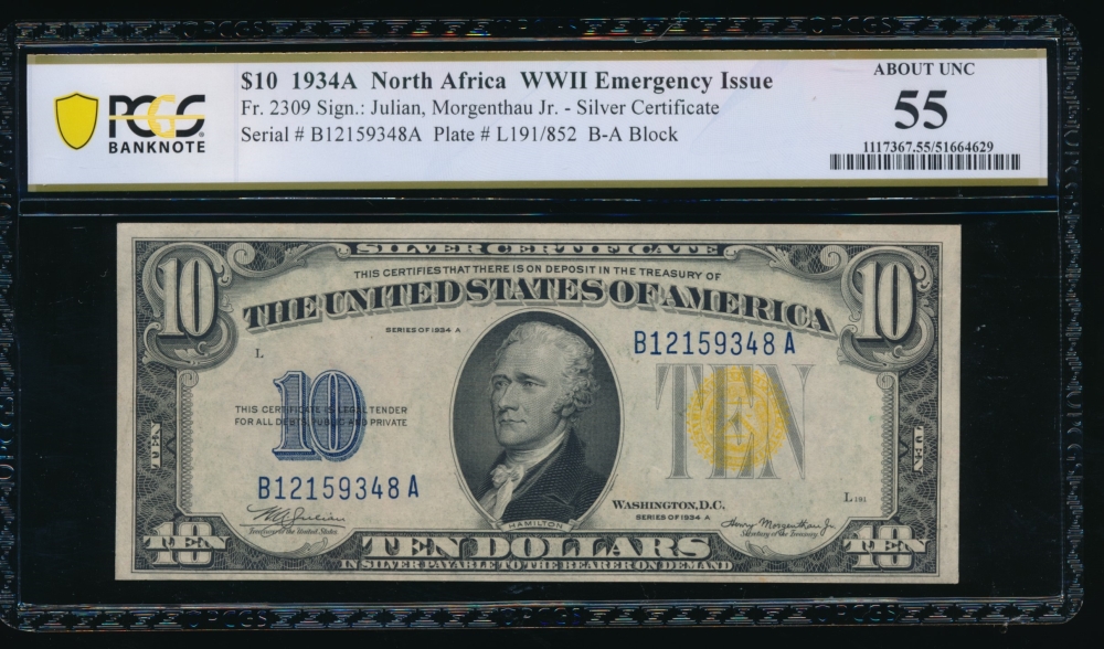 Fr. 2309 1934A $10  North Africa BA block PCGS 55 B12159348A