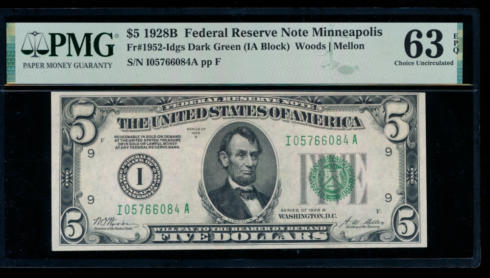 Fr. 1952-I 1928B $5  Federal Reserve Note Minneapolis PMG 63EPQ I05766084A