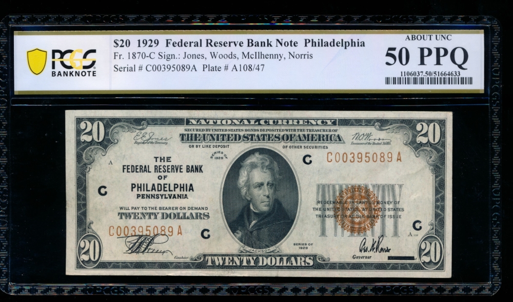 Fr. 1870-C 1929 $20  FRBN Philadelphia PCGS 50PPQ C00395089A
