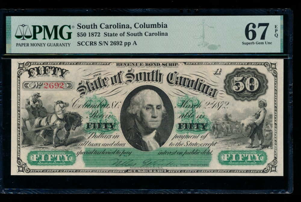 Fr. Cr SC-8 1872 $50  Obsolete State of South Carolina, Columbia, SC PMG 67EPQ 2692