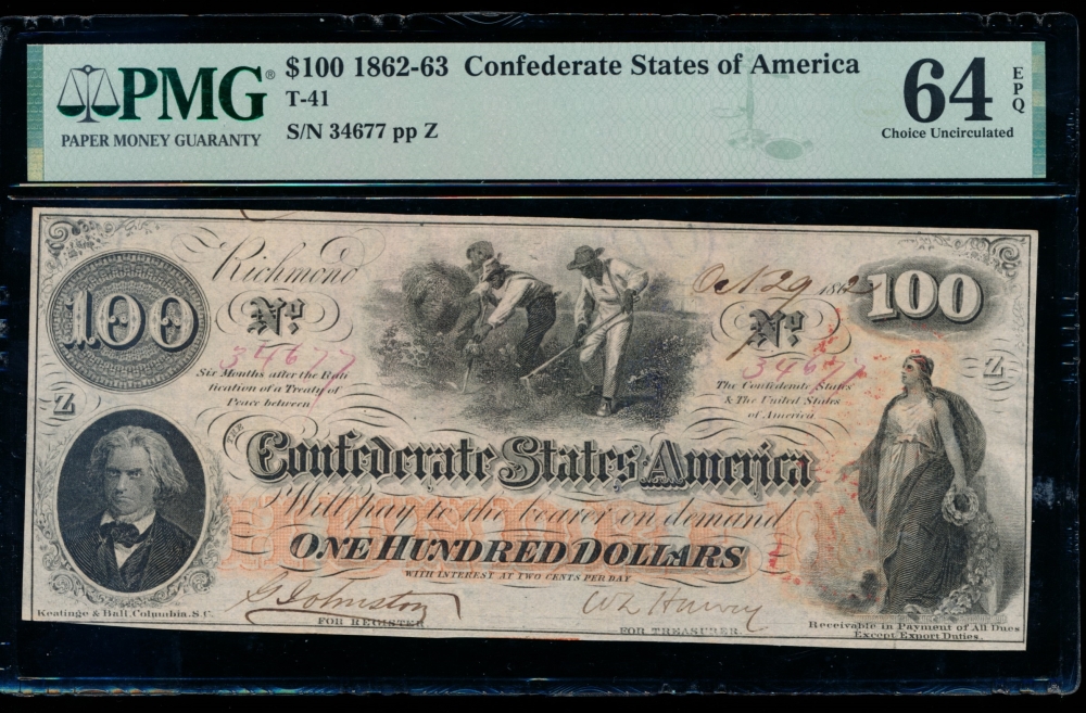 Fr. T-41 1863 $100  Confederate  PMG 64EPQ 34677