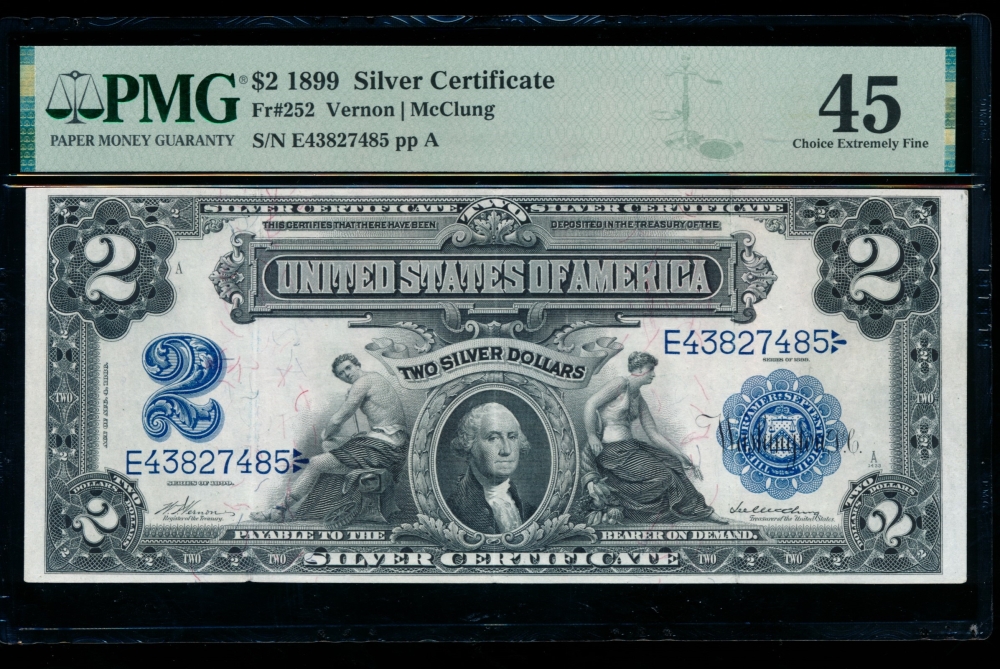 Fr. 252 1899 $2  Silver Certificate  PMG 45 E43827485