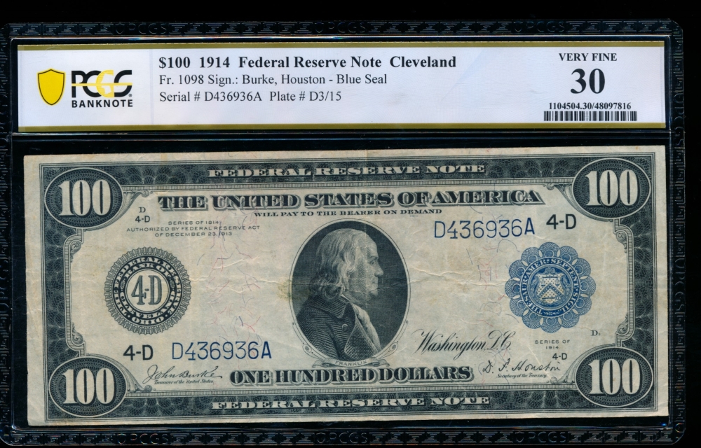Fr. 1098 1914 $100  Federal Reserve Note Cleveland PCGS 30 D436936