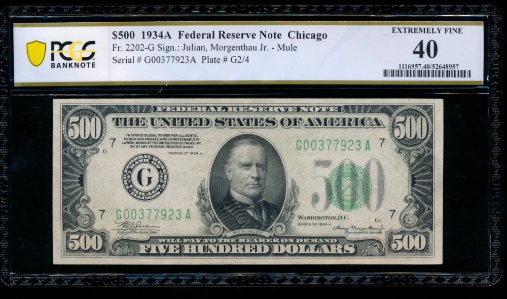 Fr. 2202-G 1934A $500  Federal Reserve Note Chicago PCGS 40 G00377923A
