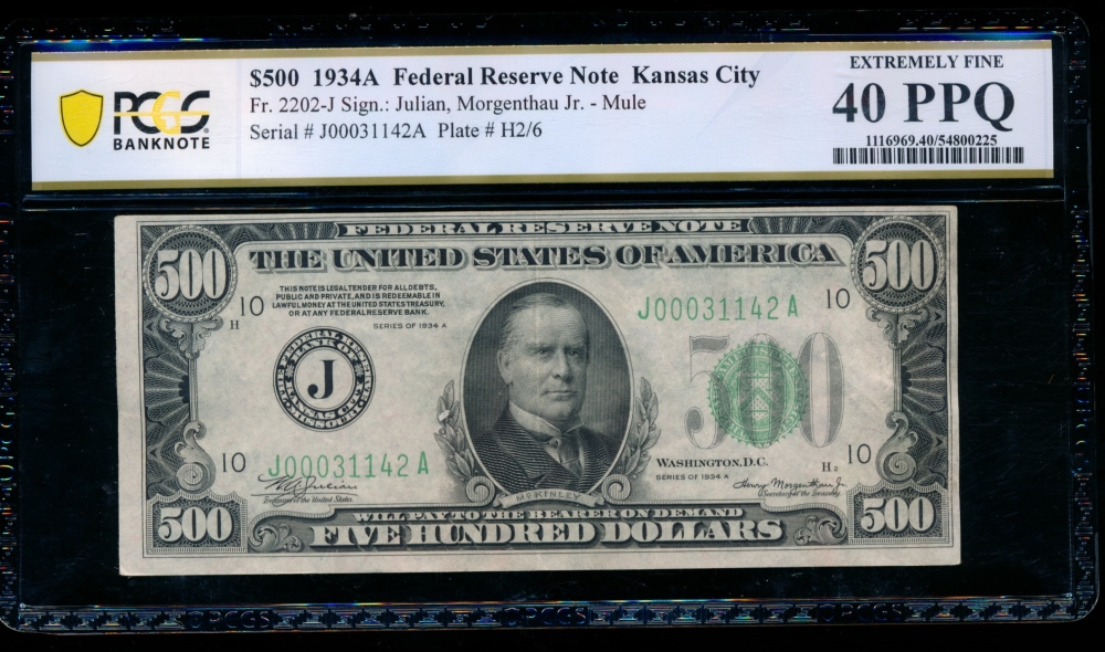 Fr. 2202-J 1934A $500  Federal Reserve Note Kansas City PCGS 40PPQ J00031142A