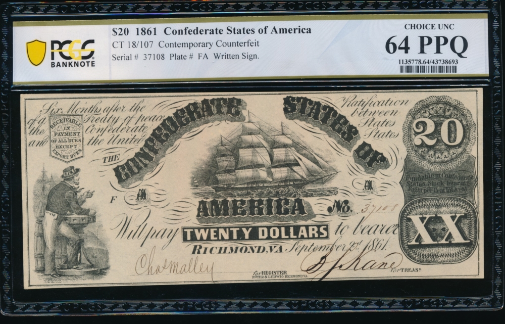 Fr. CT-18 1861 $20  Confederate Contemporary Counterfeit PCGS 64PPQ 37108