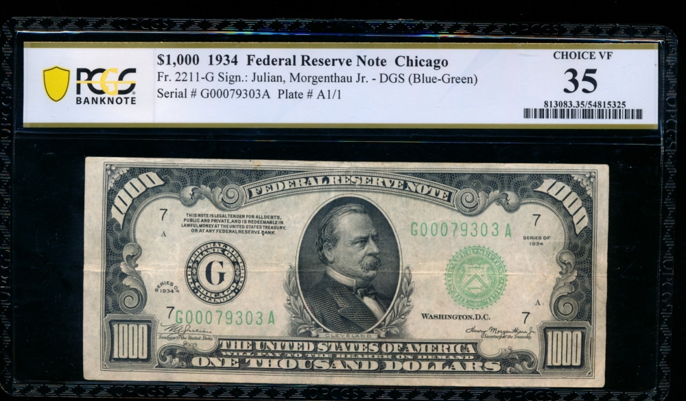 Fr. 2211-G 1934 $1,000  Federal Reserve Note Chicago PCGS 35 G00079303A