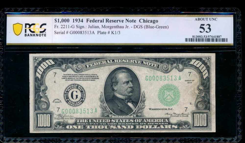 Fr. 2211-G 1934 $1,000  Federal Reserve Note Chicago PCGS 53 G00083513A