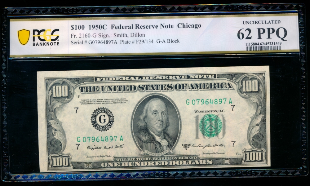 Fr. 2160-G 1950C $100  Federal Reserve Note Chicago PCGS 62PPQ G07964897A