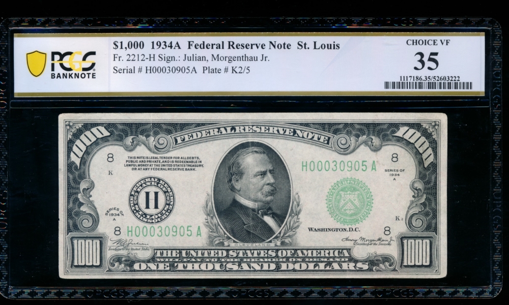 Fr. 2212-H 1934A $1,000  Federal Reserve Note Saint Louis PCGS 35 H00030905A