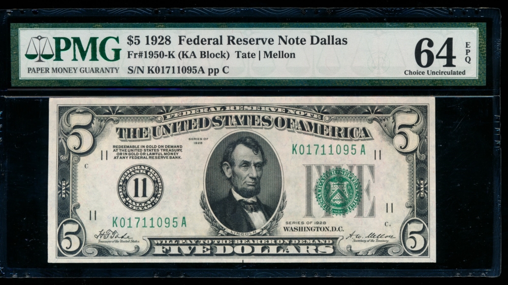 Fr. 1950-K 1928 $5  Federal Reserve Note Dallas PMG 64EPQ K01711095A
