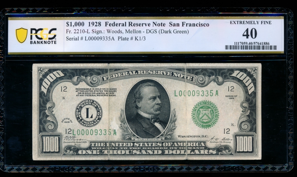 Fr. 2210-L 1928 $1,000  Federal Reserve Note San Francisco PCGS 40 L00009335A
