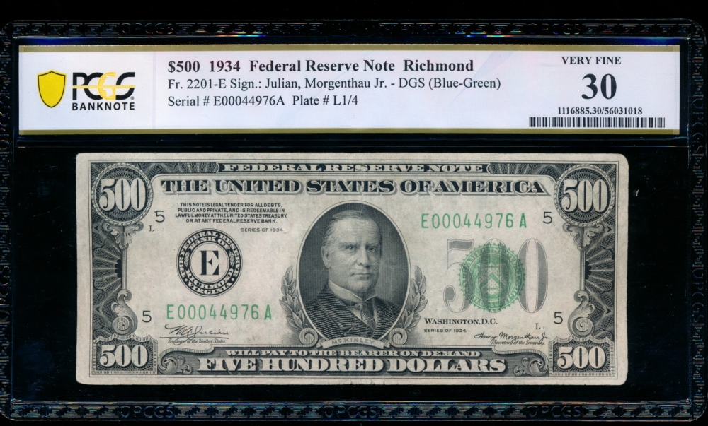 Fr. 2201-E 1934 $500  Federal Reserve Note Richmond PCGS 30 comment E00044976A
