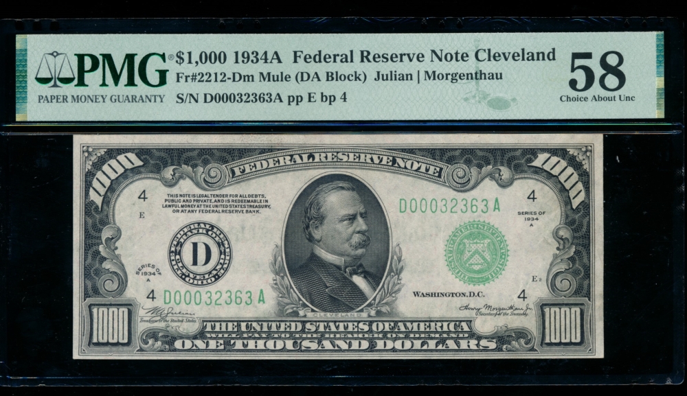 Fr. 2212-D 1934A $1,000  Federal Reserve Note Cleveland PMG 58 D00032363A