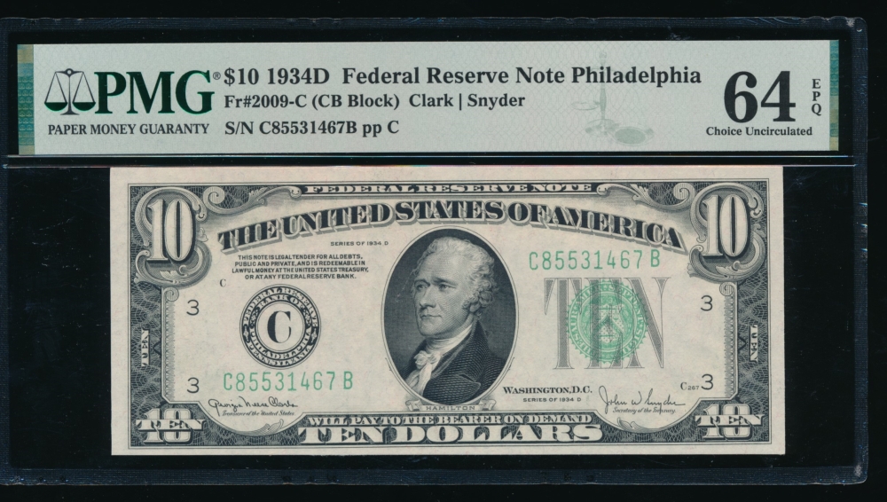 Fr. 2009-C 1934D $10  Federal Reserve Note Philadelphia PMG 64EPQ C85531467B