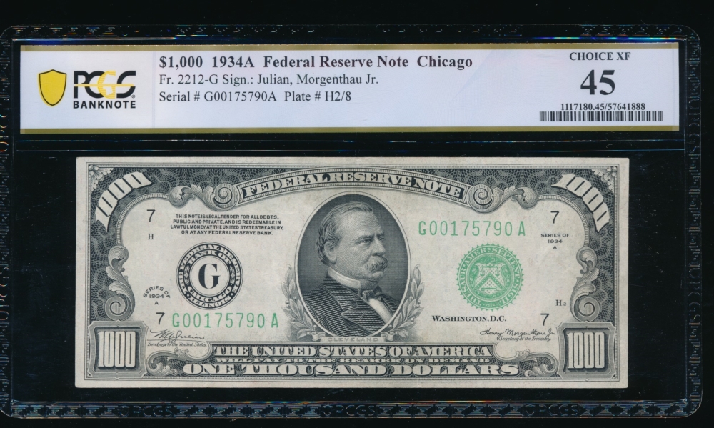 Fr. 2212-G 1934A $1,000  Federal Reserve Note Chicago PCGS 45 G00175790A