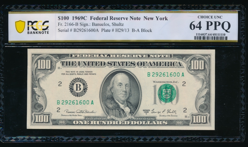 Fr. 2166-B 1969C $100  Federal Reserve Note New York PCGS 64PPQ B27261600A
