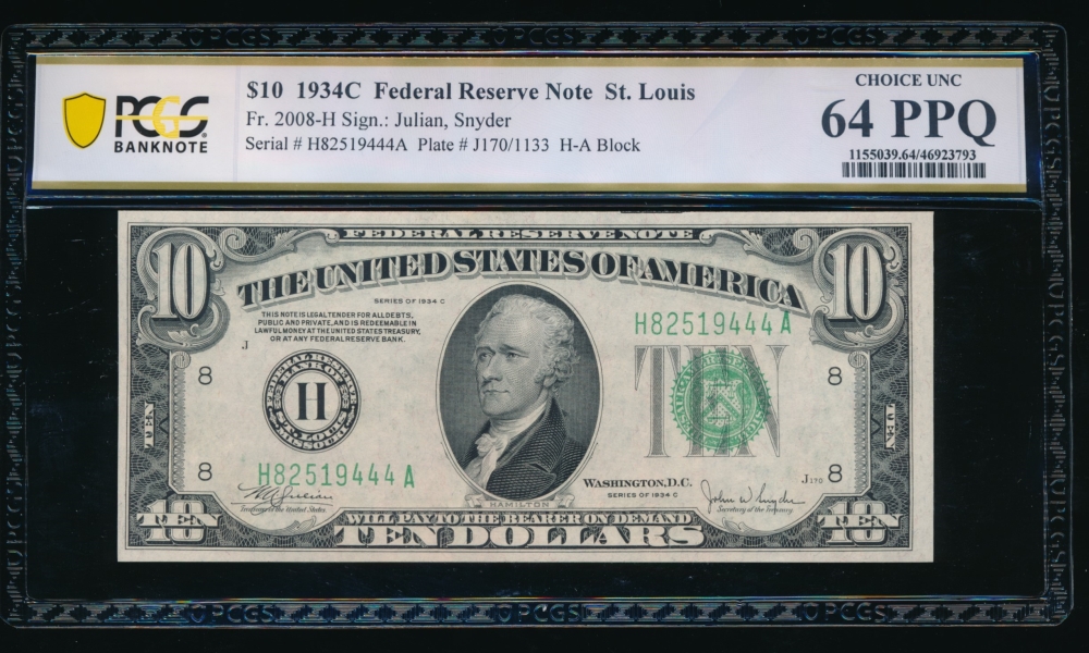 Fr. 2008-H 1934C $10  Federal Reserve Note Saint Louis PCGS 64PPQ H82519444A