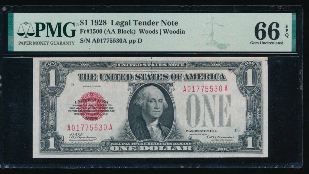 Fr. 1500 1928 $1  Legal Tender  PMG 66EPQ A01775530A