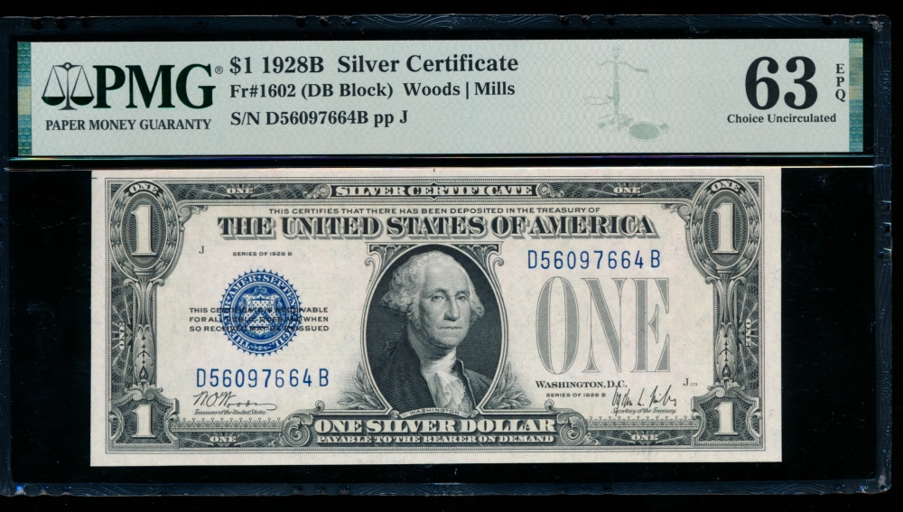 Fr. 1602 1928B $1  Silver Certificate DB block PMG 63EPQ D56097664B