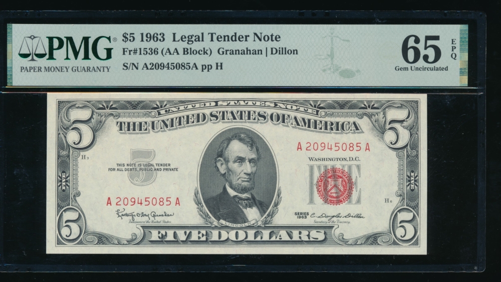 Fr. 1536 1963 $5  Legal Tender AA block PMG 65EPQ A20945085A