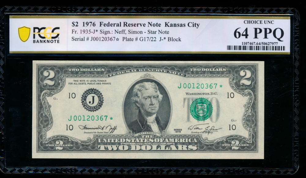 Fr. 1935-J 1976 $2  Federal Reserve Note Kansas City star PCGS 64PPQ J000120367*