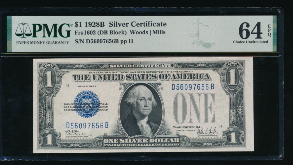Fr. 1602 1928B $1  Silver Certificate DB block PMG 64EPQ D56097656B
