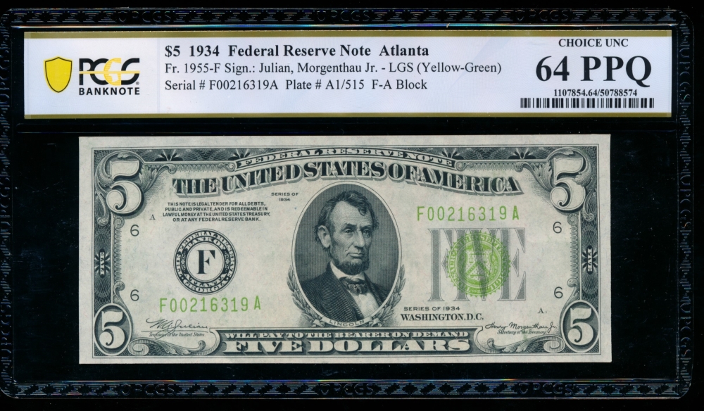 Fr. 1955-F 1934 $5  Federal Reserve Note Atlanta LGS PCGS 64PPQ F00216319A