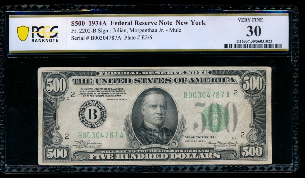 Fr. 2202-B 1934A $500  Federal Reserve Note New York PCGS 30 B00304787A
