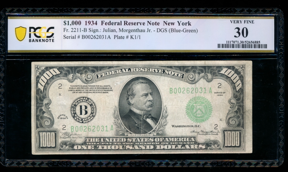 Fr. 2211-B 1934 $1,000  Federal Reserve Note New York PCGS 30 B00262031A