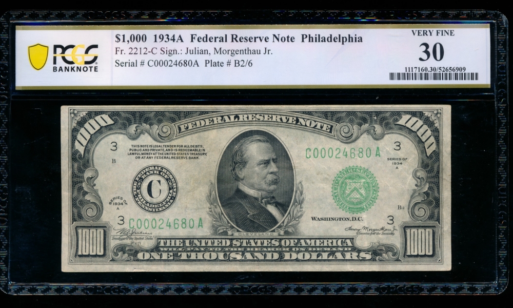 Fr. 2212-C 1934A $1,000  Federal Reserve Note Philadelphia PCGS 30 C00024680A