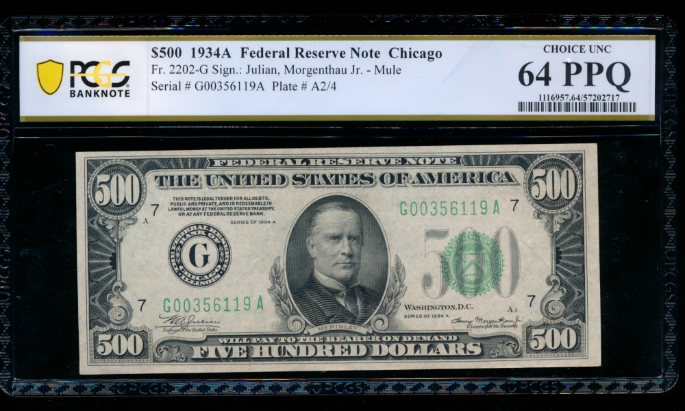 Fr. 2202-G 1934A $500  Federal Reserve Note Chicago PCGS 64PPQ G00356119A