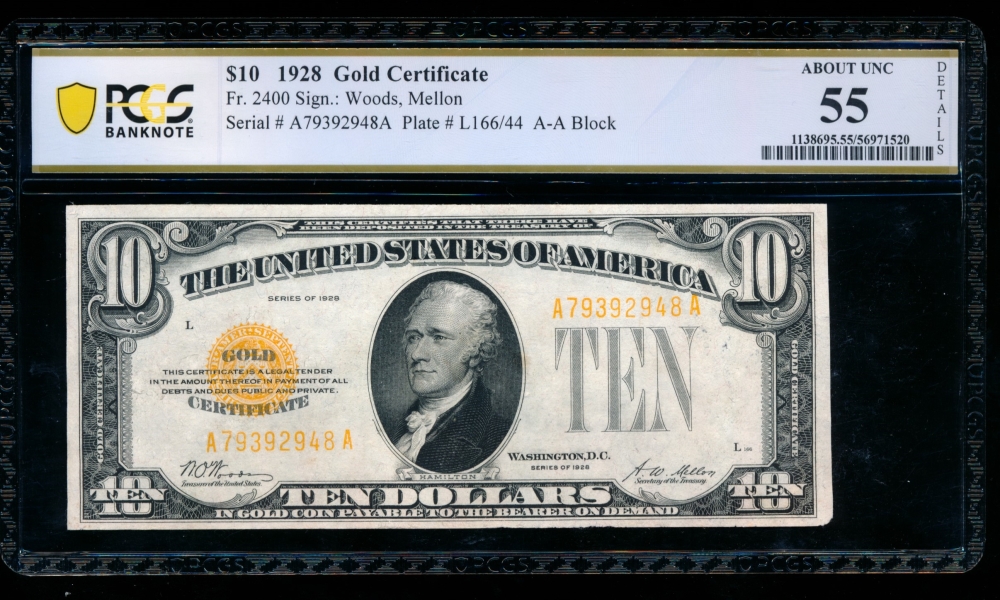 Fr. 2400 1928 $10  Gold Certificate  PCGS 55 details A73392948A